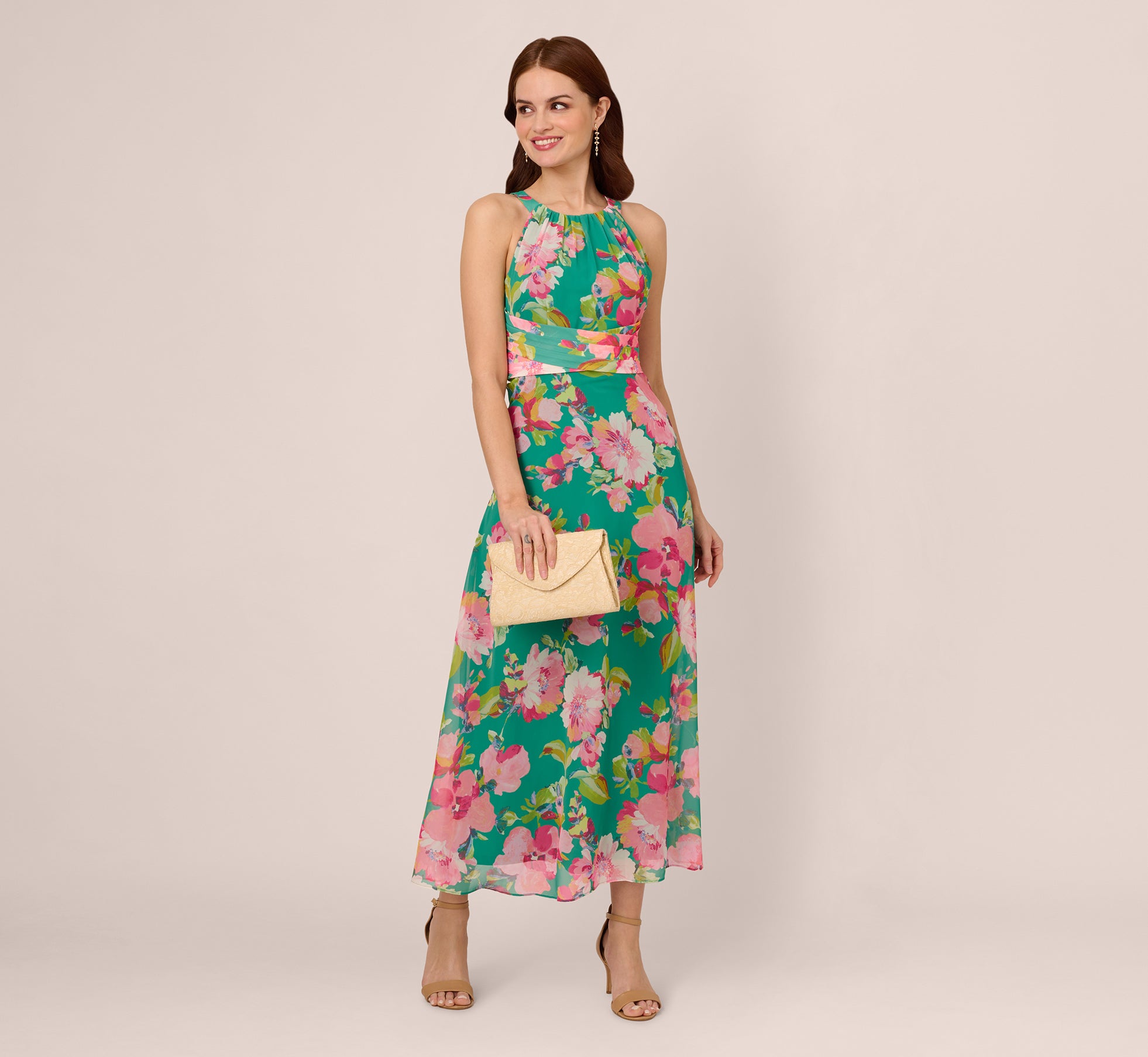 Floral Chiffon Halter Midi Dress In Green Multi、mySite、solidvoid
