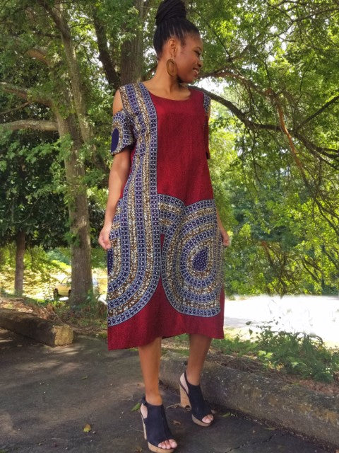 Burgundy Dupsie's Exclusive African Print Dress-DPX340、mySite、solidvoid