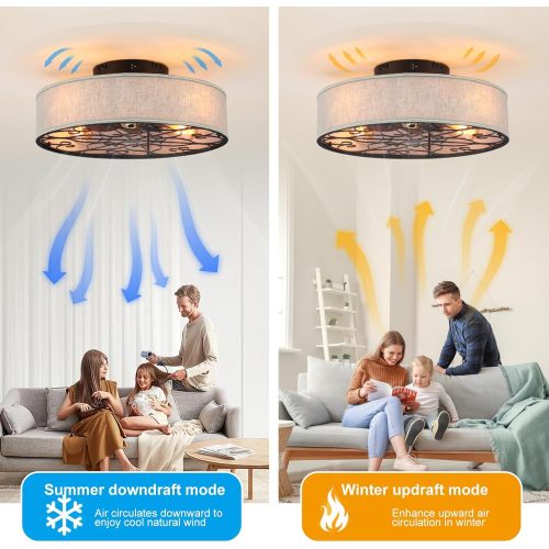 Caged Ceiling Fans with Lights Flush Mount,Low Profile Ceiling Fan with Remote,20 Inch Farmhouse White Ceiling Fan for Bedroom,6 Speeds Reversible Silent Fandalier (Bulb Not Included)、、eastwooduniform