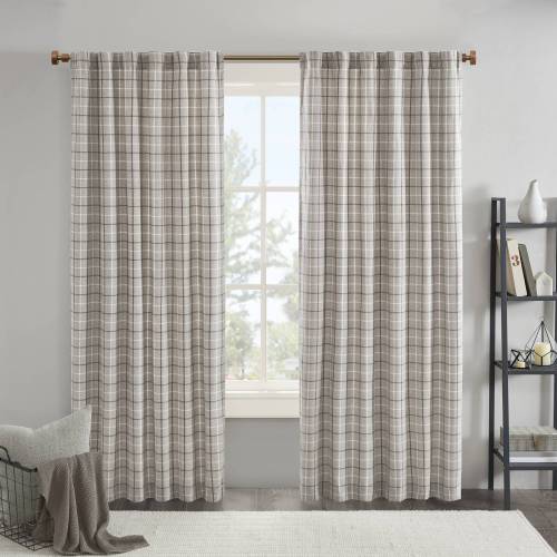Plaid Rod Pocket and Back Tab Curtain Panel with Fleece Lining Brown 50x84"、、eastwooduniform