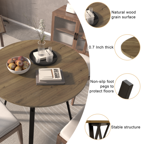 31.5 Inch Round Dining Table, Small Circle Kitchen Table with Metal Black Legs for 2-4 people,Modern Dining Room Table, Brown (only table)、、casual