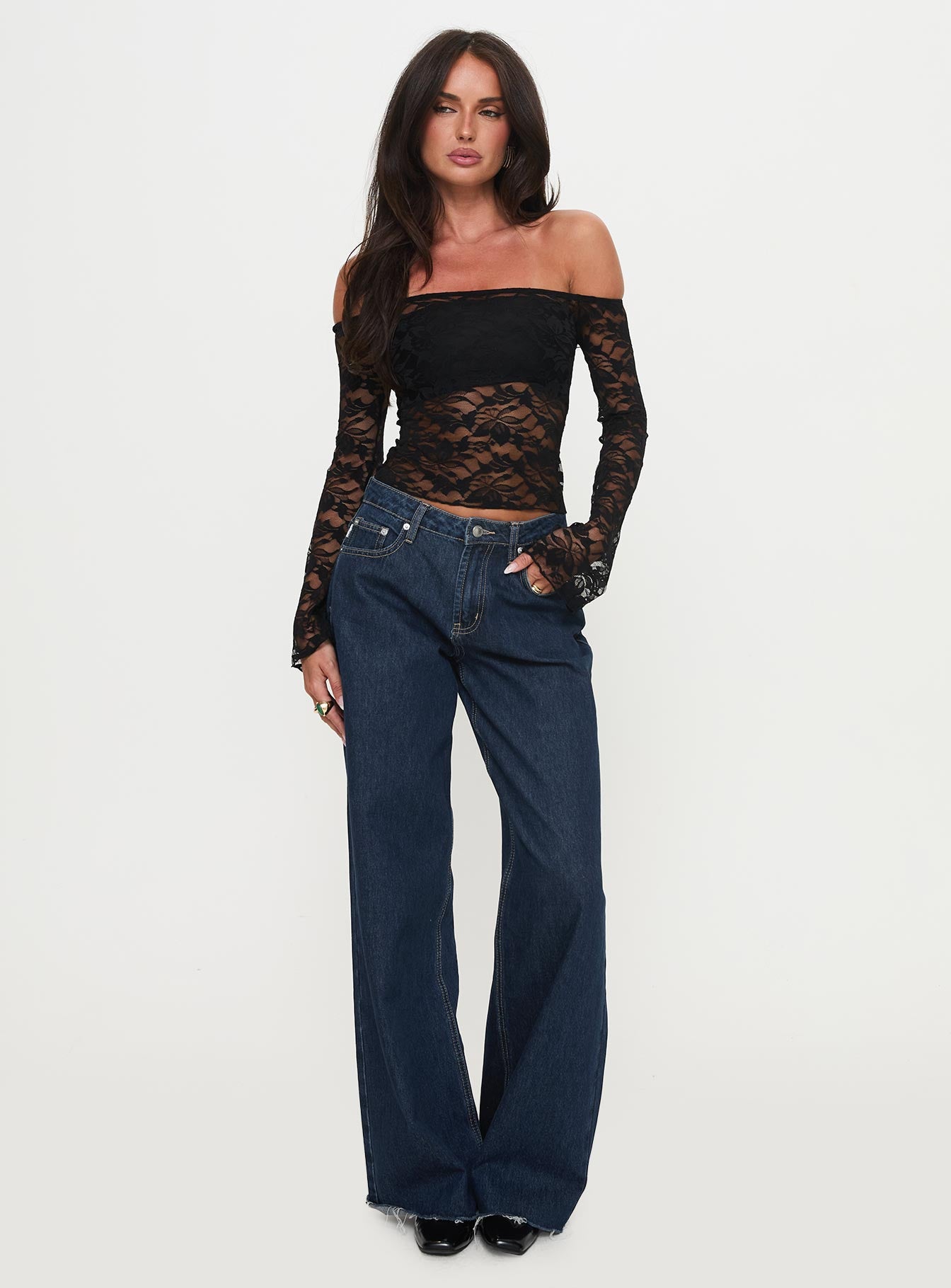 Good Judgement Off Shoulder Lace Long Sleeve Top Black、mySite、solidvoid