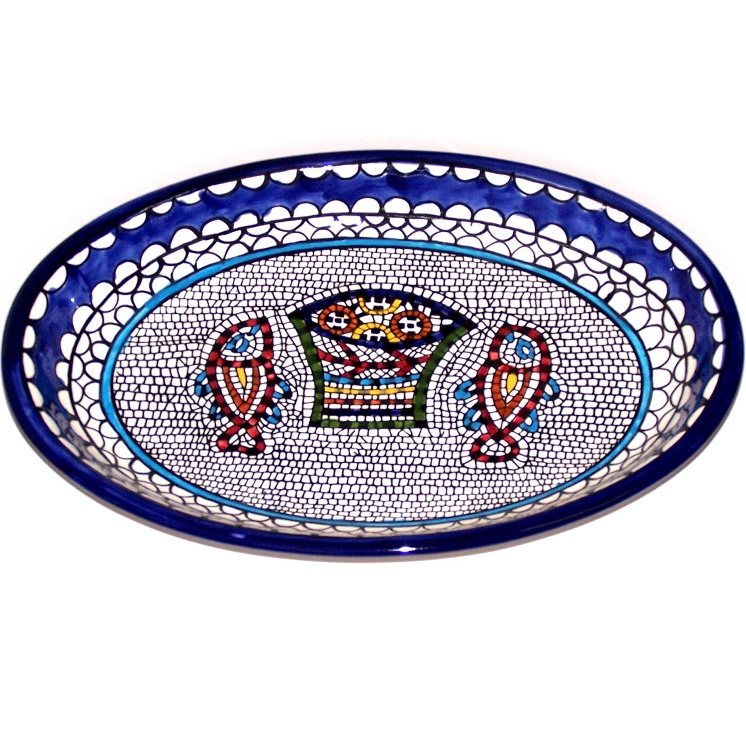  Armenian Hand Painted Fish and Bread Miracle Serving Oval Ceramic Bowl - Extra Large (15.5 Inch Long by 10.5 Inches Wide by 1.5 Inches deep) - Asfour Outlet Trademark、mySite、elrpsem3k