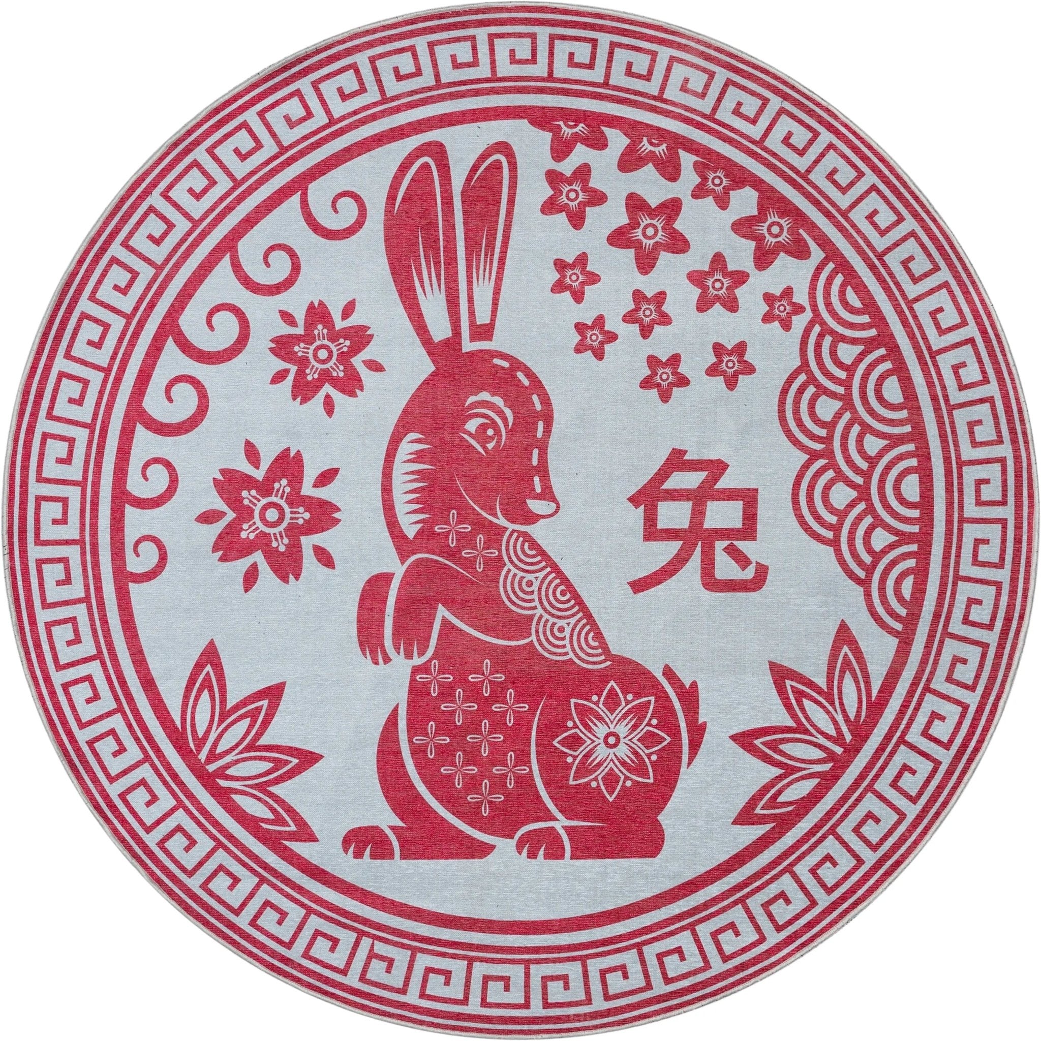 Chinese Calendar Lunar Year of the Rabbit Red Flat-Weave Rug、mySite、gigharbornorthrealestate