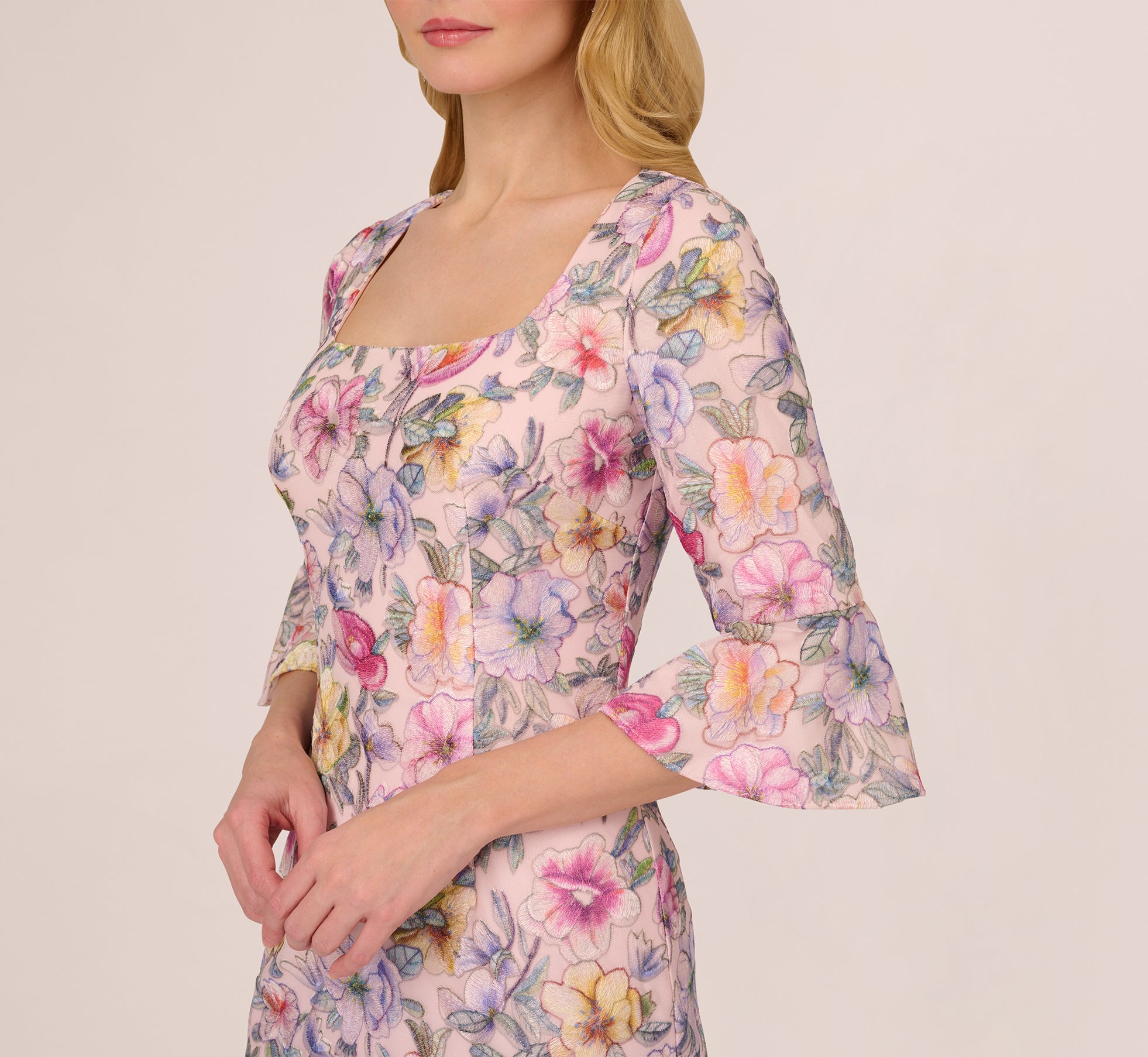 Floral Embroidered Sheath Dress With Three Quarter Bell Sleeves In Blush Multi、mySite、solidvoid