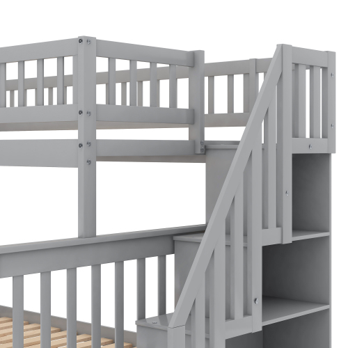 Twin over Full Stairway Bunk Bed with Storage, Gray、、casual
