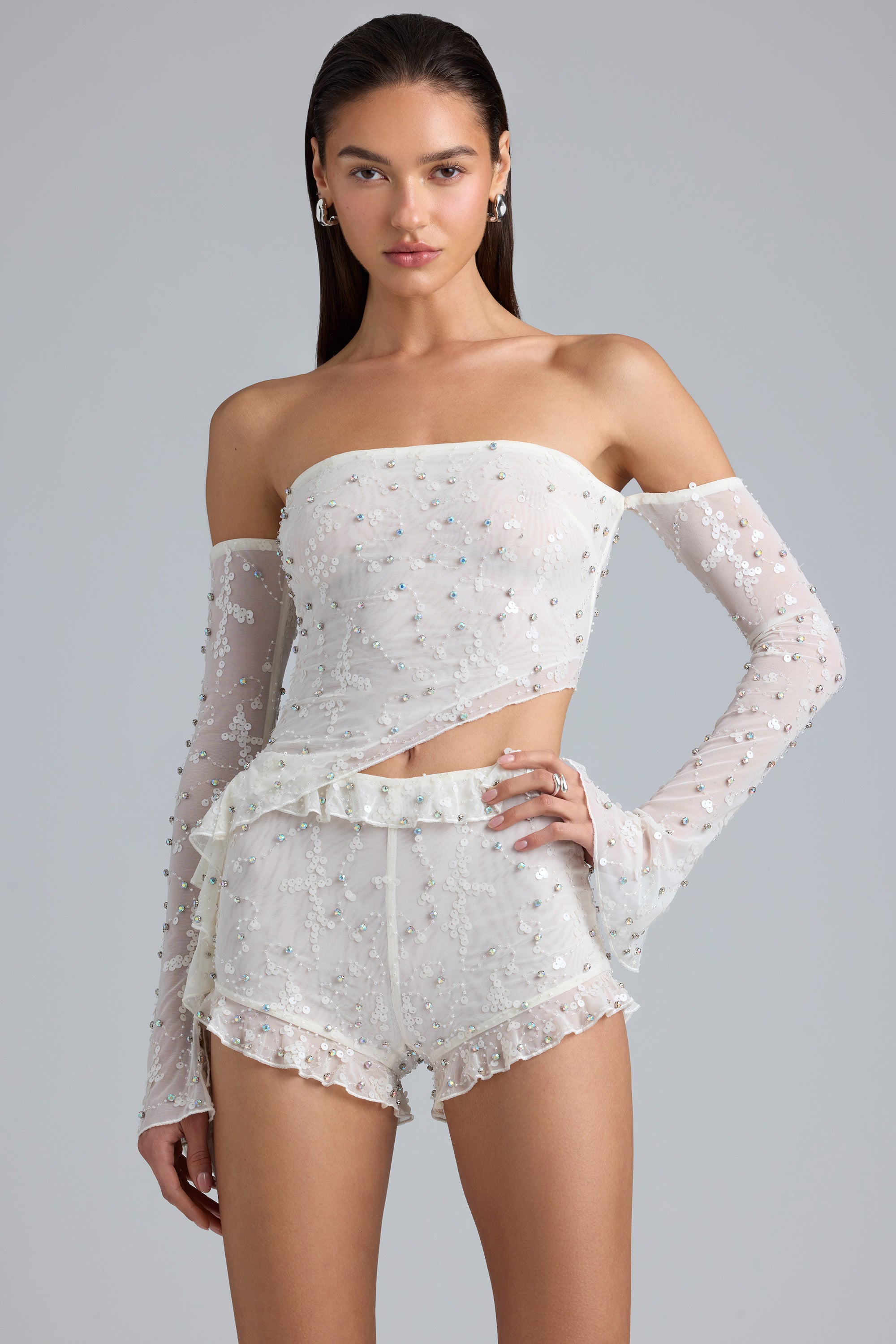 Ruched Ruffle Asymmetric Top in Ivory、mySite、solidvoid