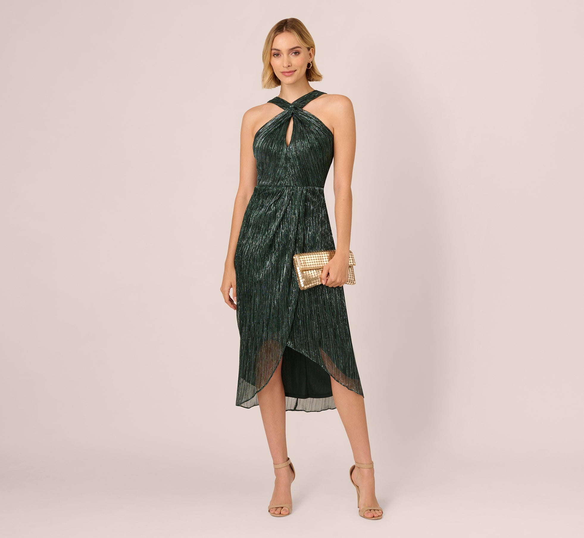 Metallic Knit Halter Midi Dress With Wrap Skirt In Green Pine、mySite、solidvoid