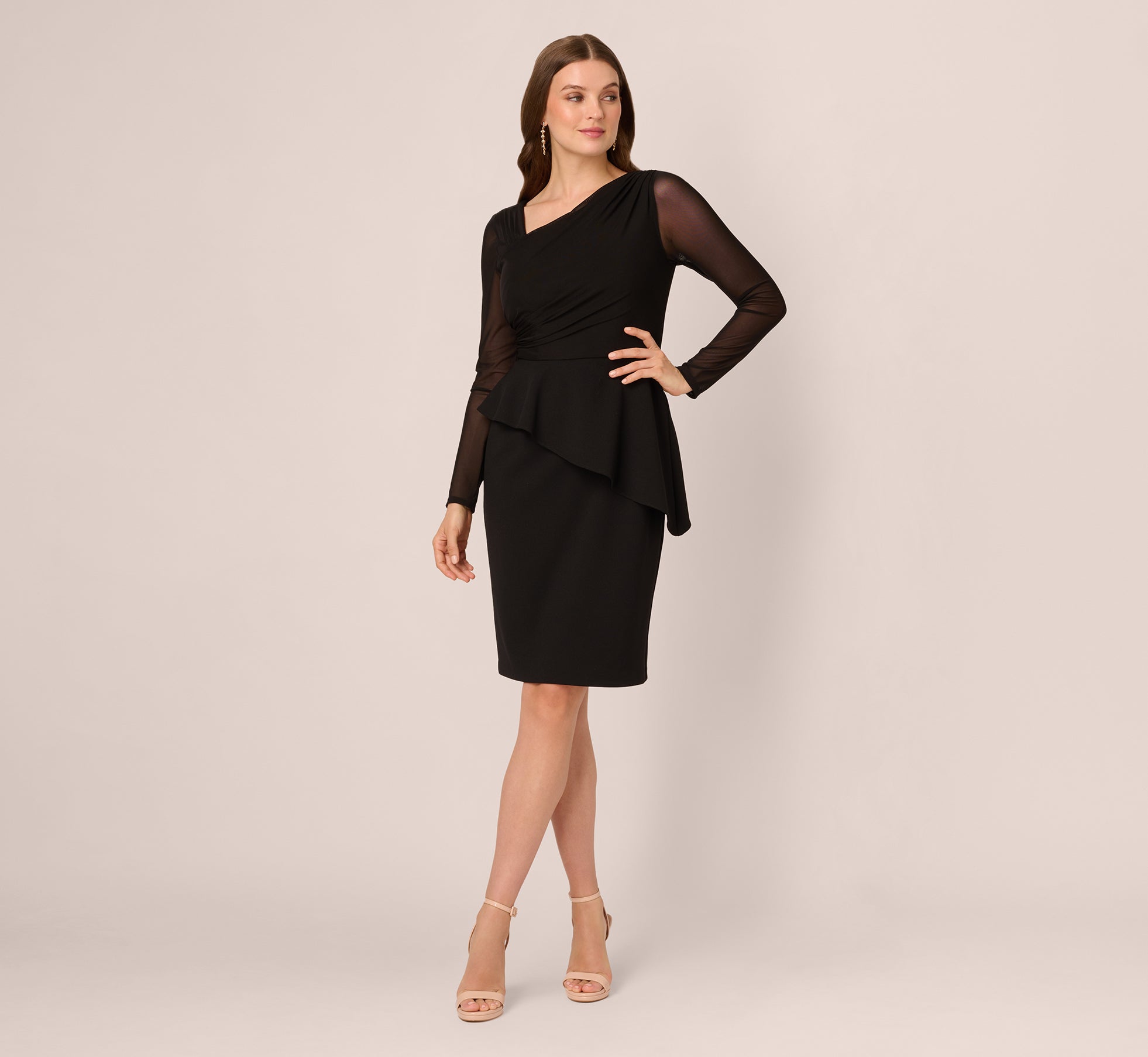 Long Sleeve Asymmetrical Peplum Sheath Dress In Black、mySite、solidvoid