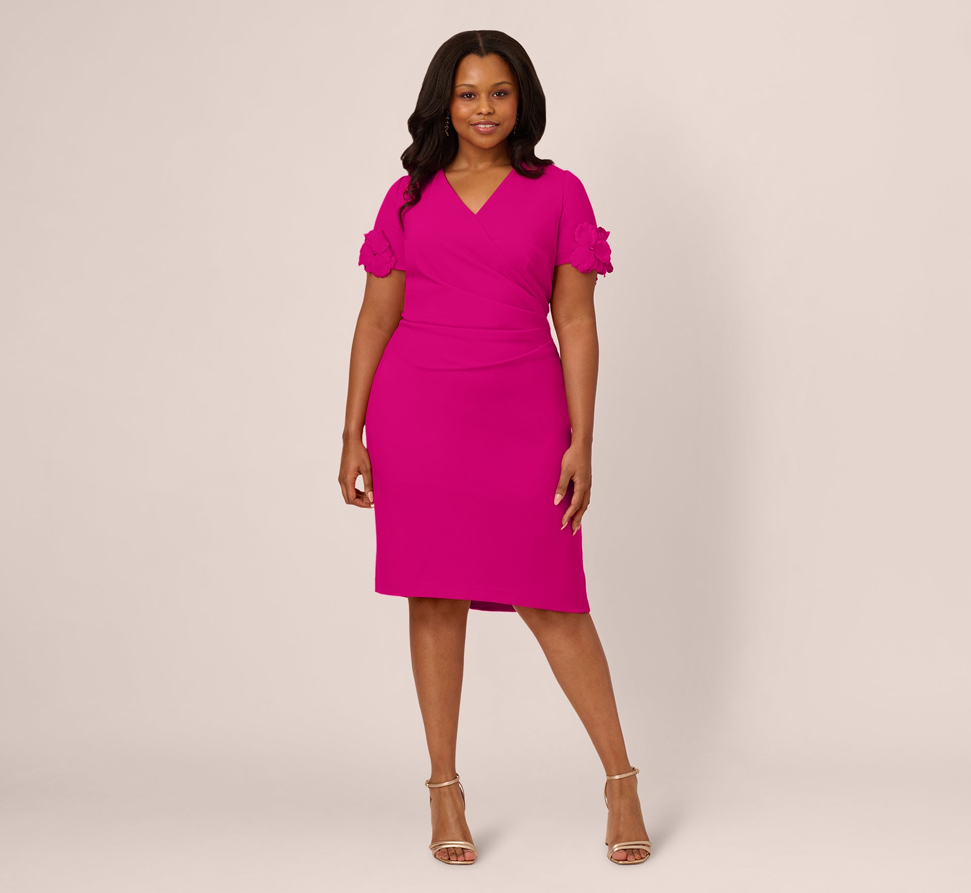Plus Size Crepe Faux Wrap Sheath Dress With Floral Accent Short Sleeves In Pink Flambe、mySite、solidvoid