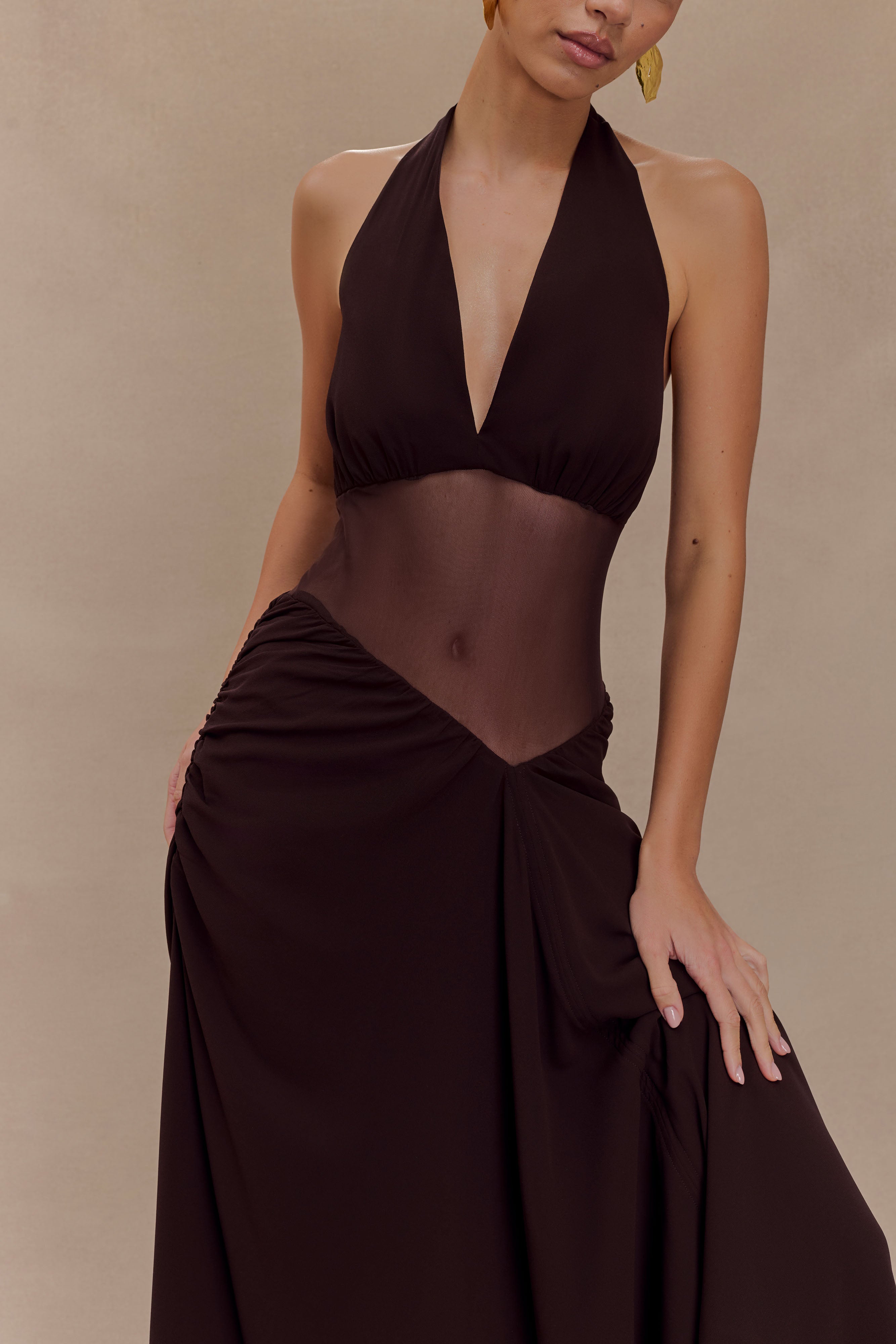 Jonna Chiffon And Mesh Maxi Dress - Dark Chocolate、mySite、solidvoid