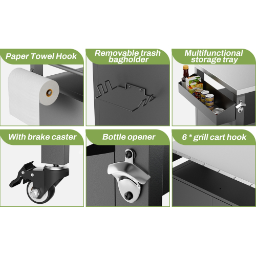 Outdoor Grill Cart with Patio Furniture, Outdoor Grill Table with Storage,Rolling Bar Cart Outdoor BBQ Cart with Hooks and Spice Rack for Grilling Accessories, Black、、eastwooduniform