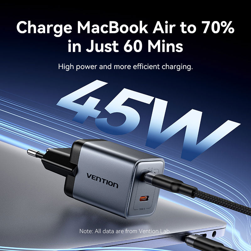 Vention 2-Port USB (C + C) GaN Charger (45W/45W) Gray with USB-C to USB-C Cable (1M) Black EU-Plug、mySite、fannypackpong
