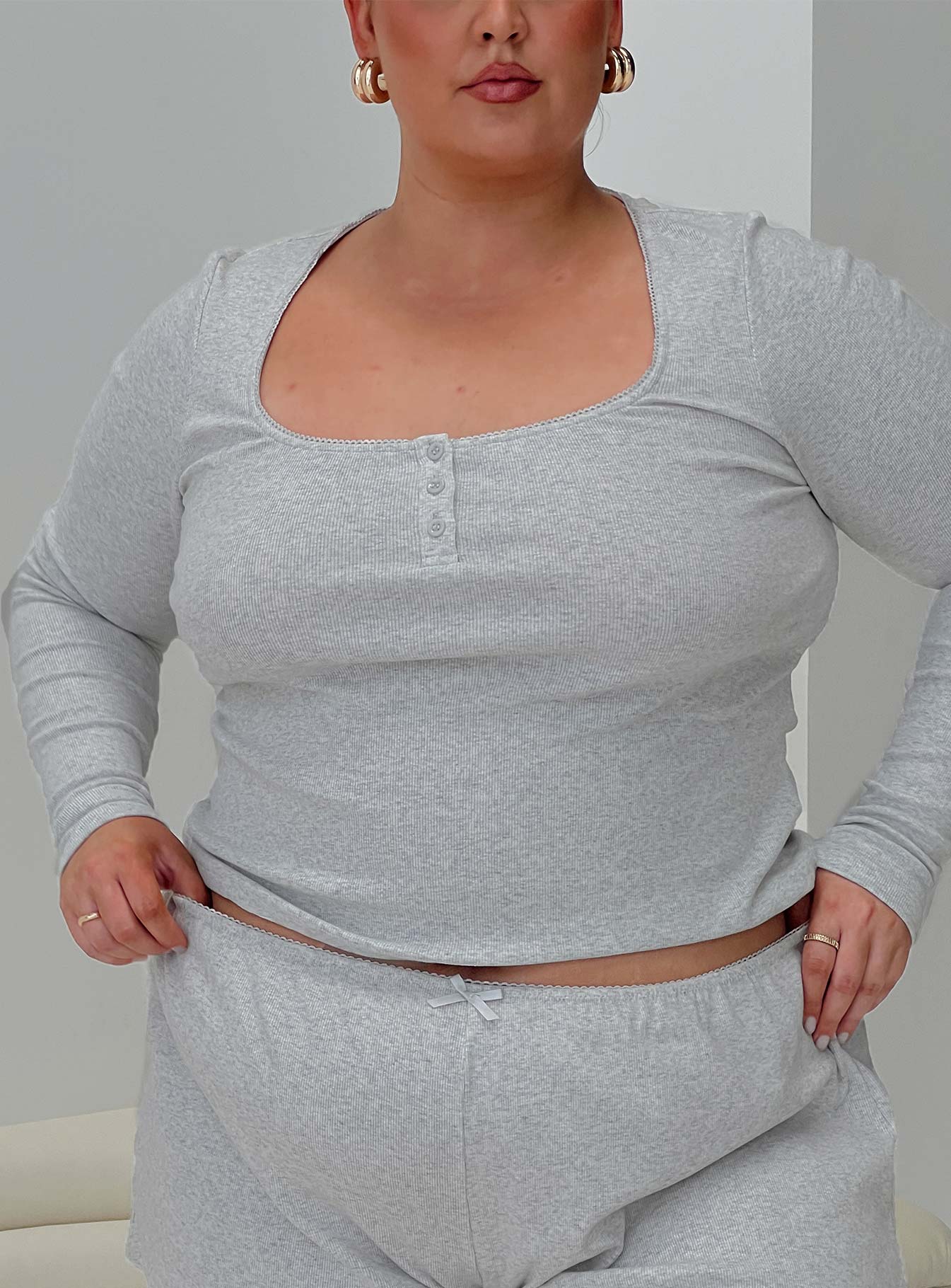 Sleepytea Rib Sleep Long Sleeve Top Grey Curve、mySite、solidvoid