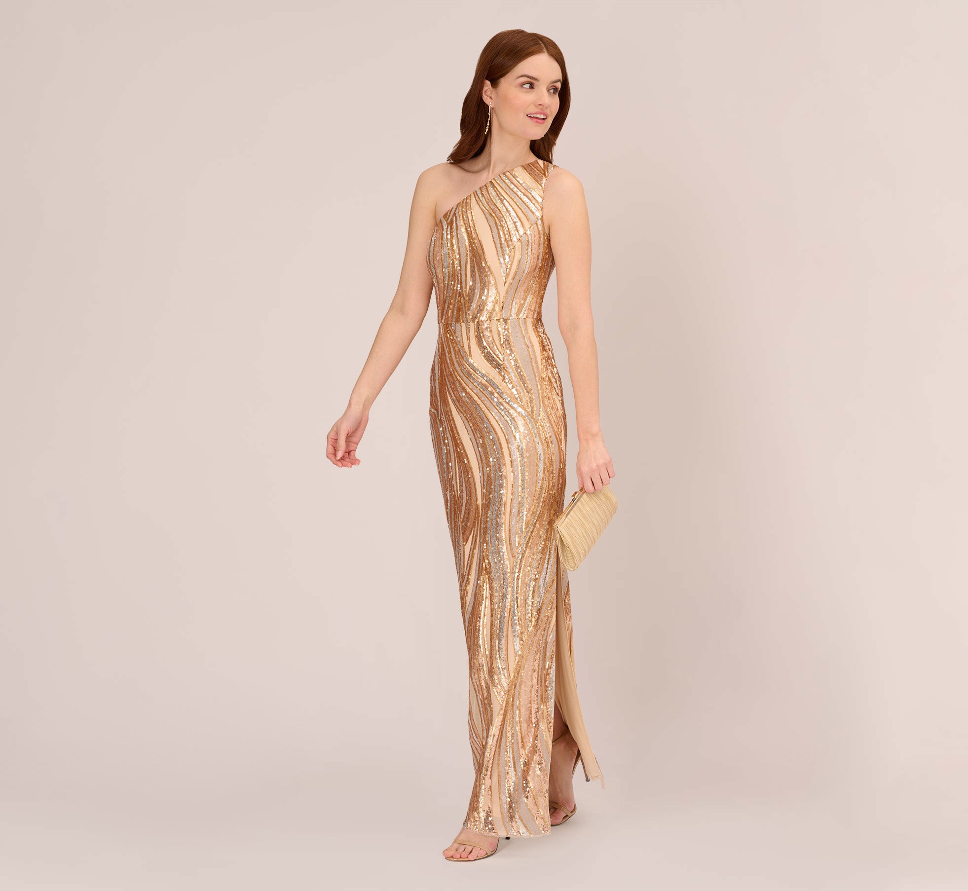 One Shoulder Abstract Sequin Gown In Champagne Gold Multi、mySite、solidvoid