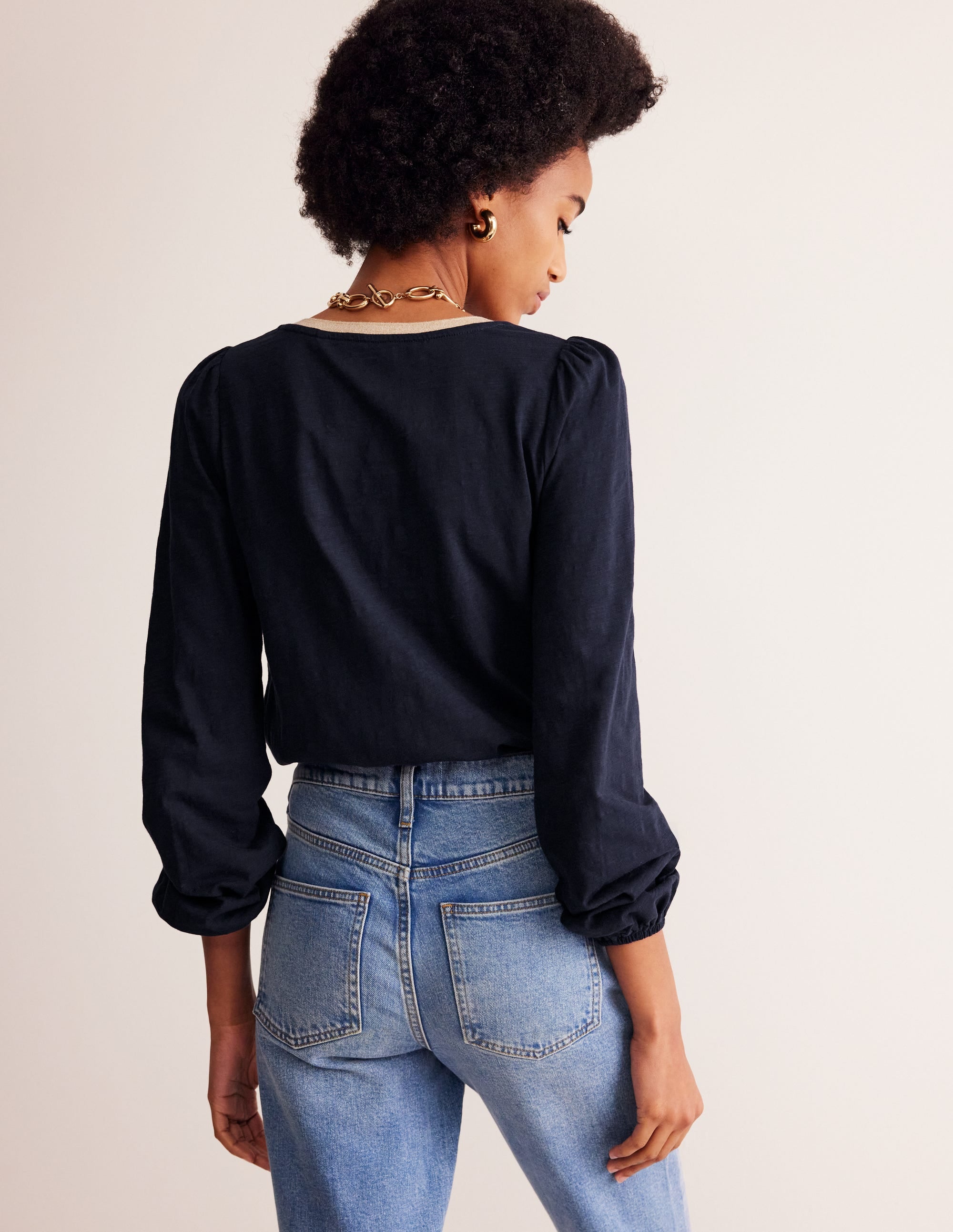  Metallic Trim Long Sleeve Top-Navy、mySite、ashleygrahame
