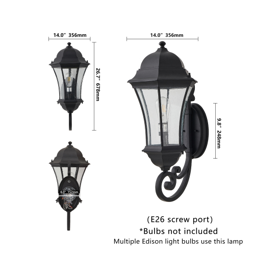 27"(H) 1-Pack Outdoor Wall Lantern with Dusk to Dawn Sensor, Black Weatherrproof Exterior Light Fixture with Clear Bubble Glass, Vintage Wall Sconce for Porch, Patio, Entryway, and Garage (No Bulb)、、eastwooduniform