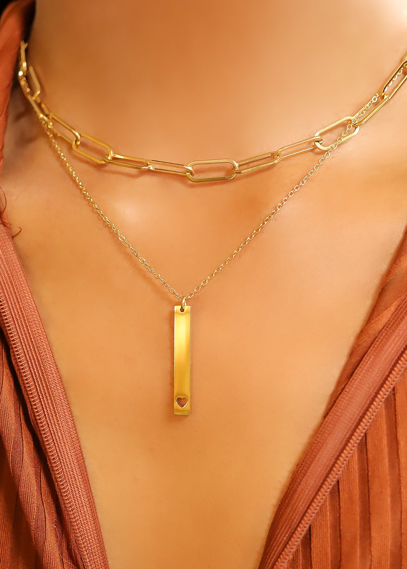 18K Gold PVD Stainless Steel Heart Cutout Vertical Bar Necklace / SBB0160、mySite、dreamappss