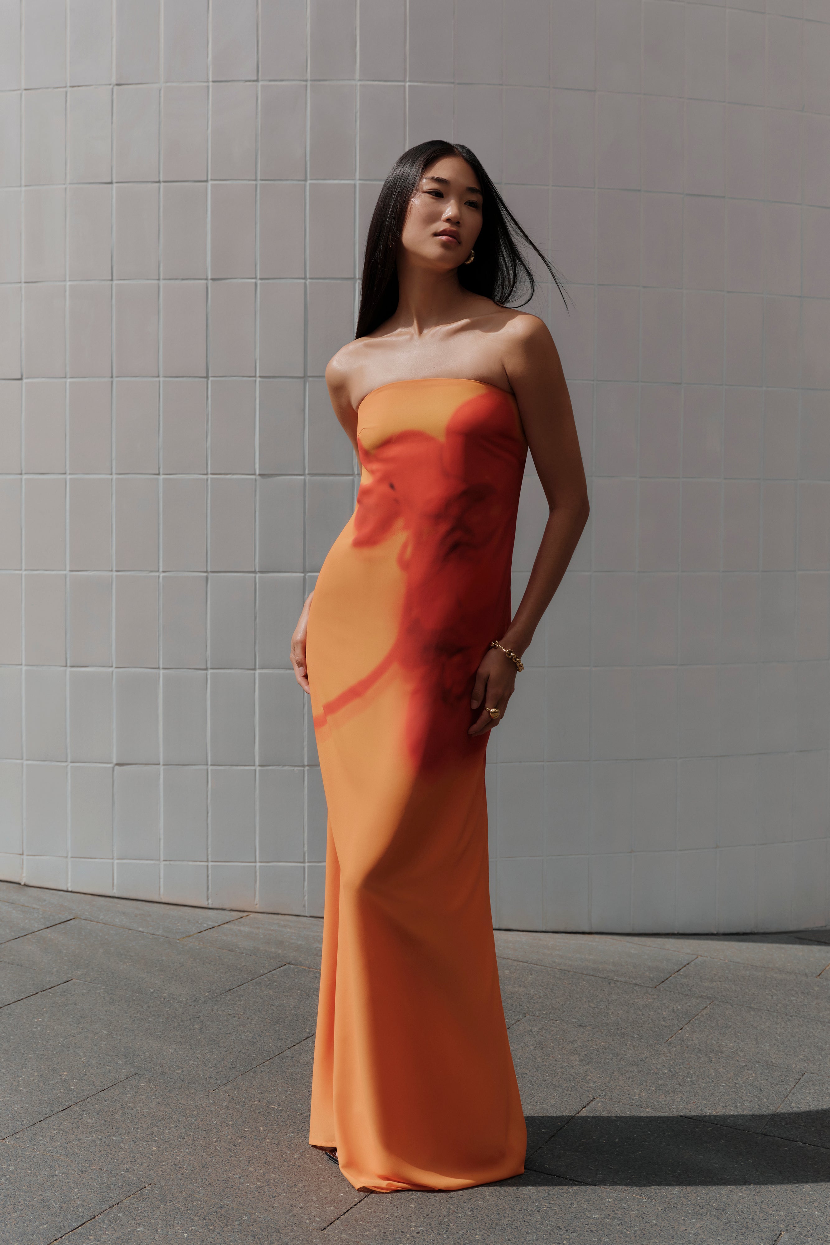 Amaya Strapless Chiffon Maxi Dress - Koi Orchid Print、mySite、solidvoid