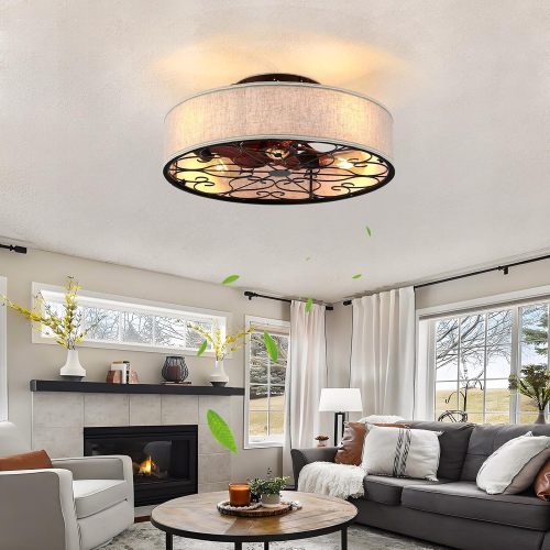 Caged Ceiling Fans with Lights Flush Mount,Low Profile Ceiling Fan with Remote,20 Inch Farmhouse White Ceiling Fan for Bedroom,6 Speeds Reversible Silent Fandalier (Bulb Not Included)、、eastwooduniform