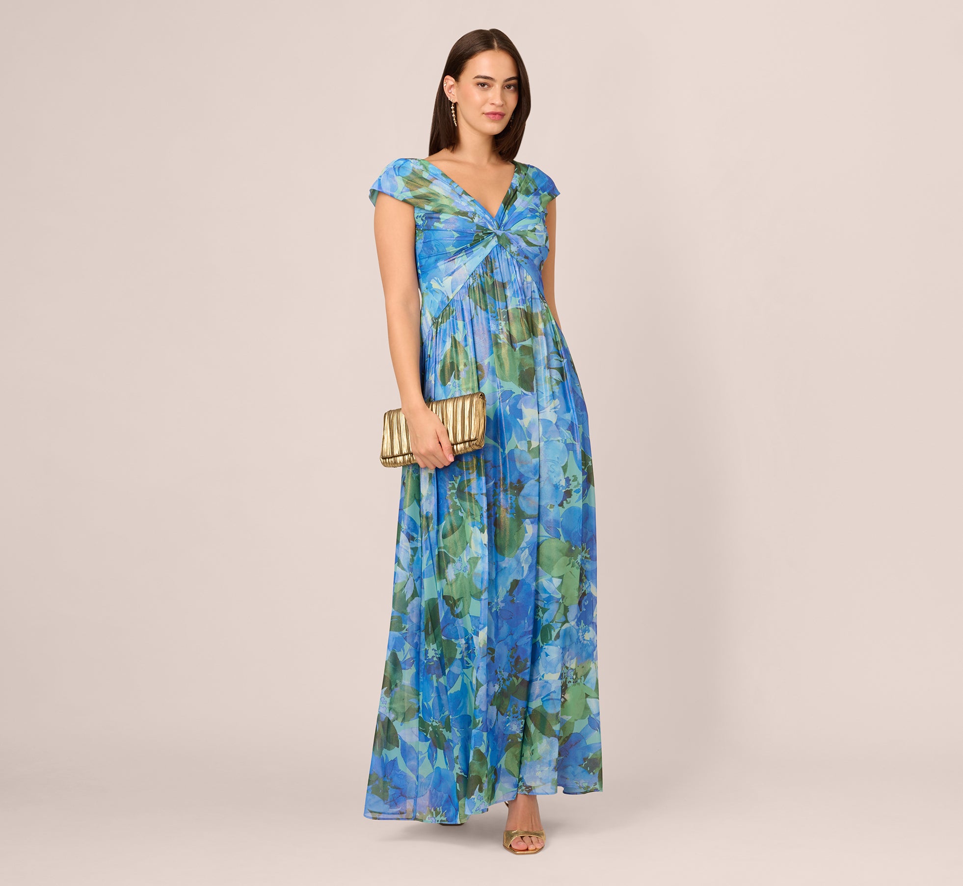 Printed Front Twist Gown In Green Blue Multi、mySite、solidvoid