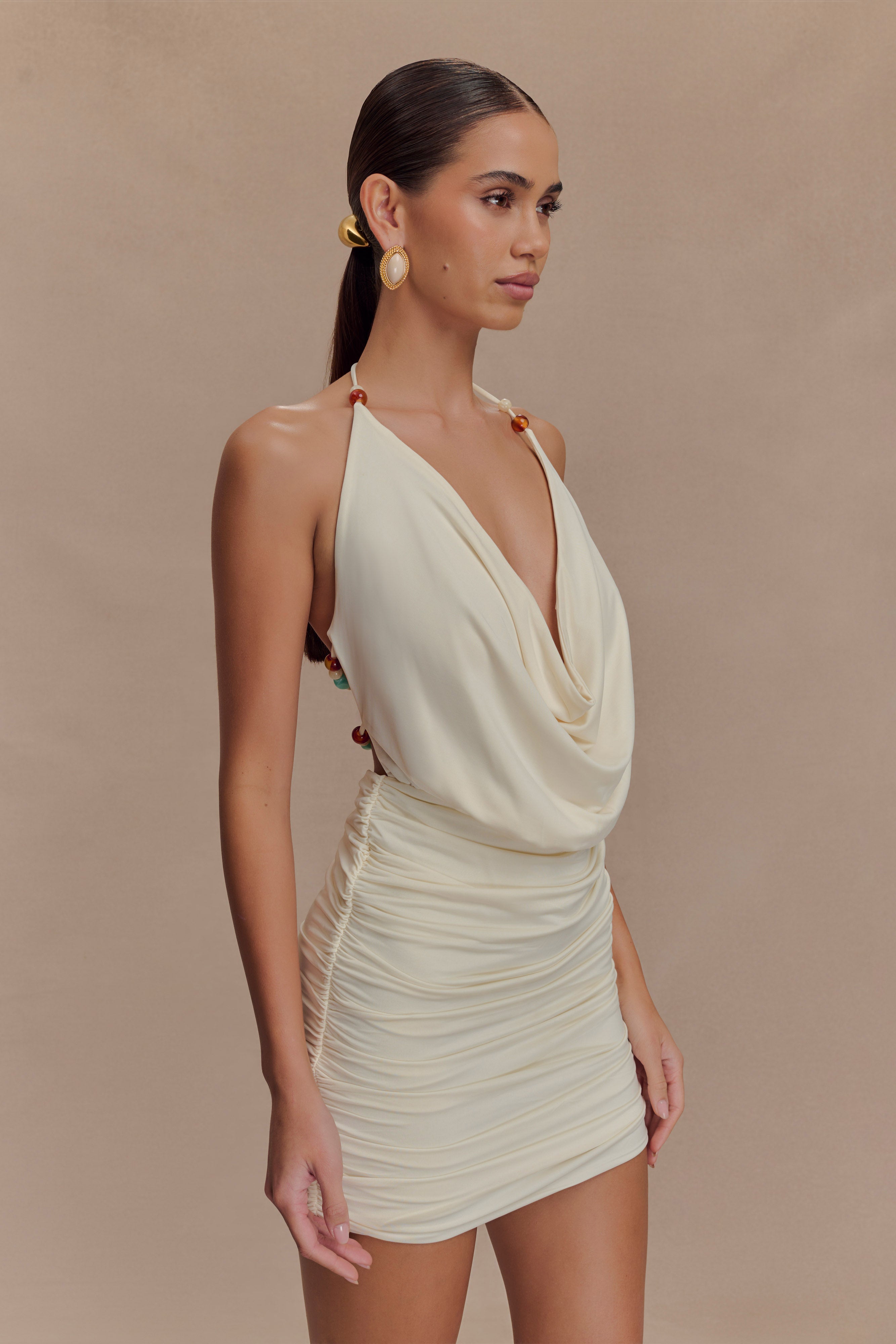 Astraeus Beaded Cowl Mini Dress - Ivory、mySite、solidvoid