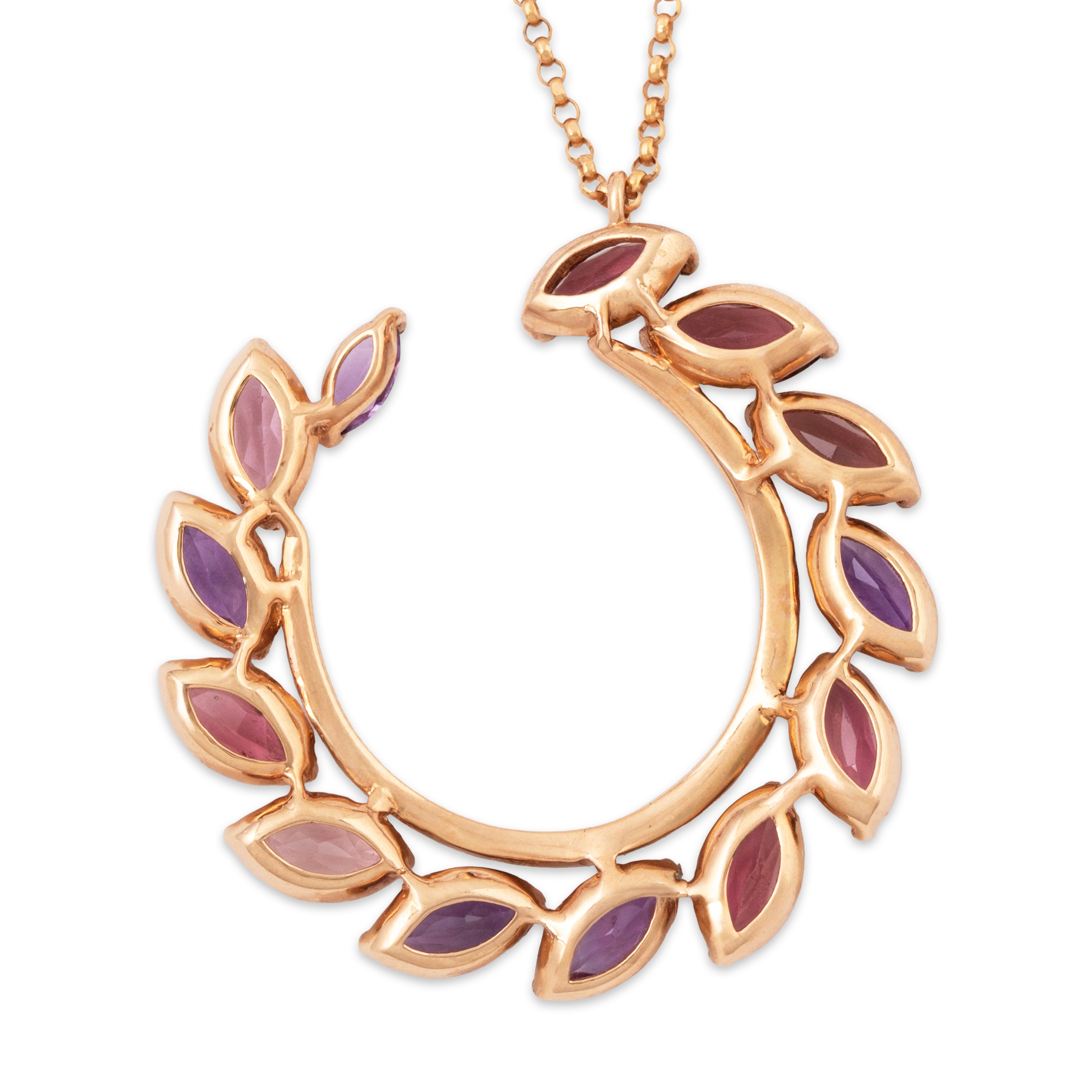 Vintage Large 14k Rose Gold 1.52cttw Tourmaline Amethyst Leaf Array Necklace 18、mySite、hinf8tx79