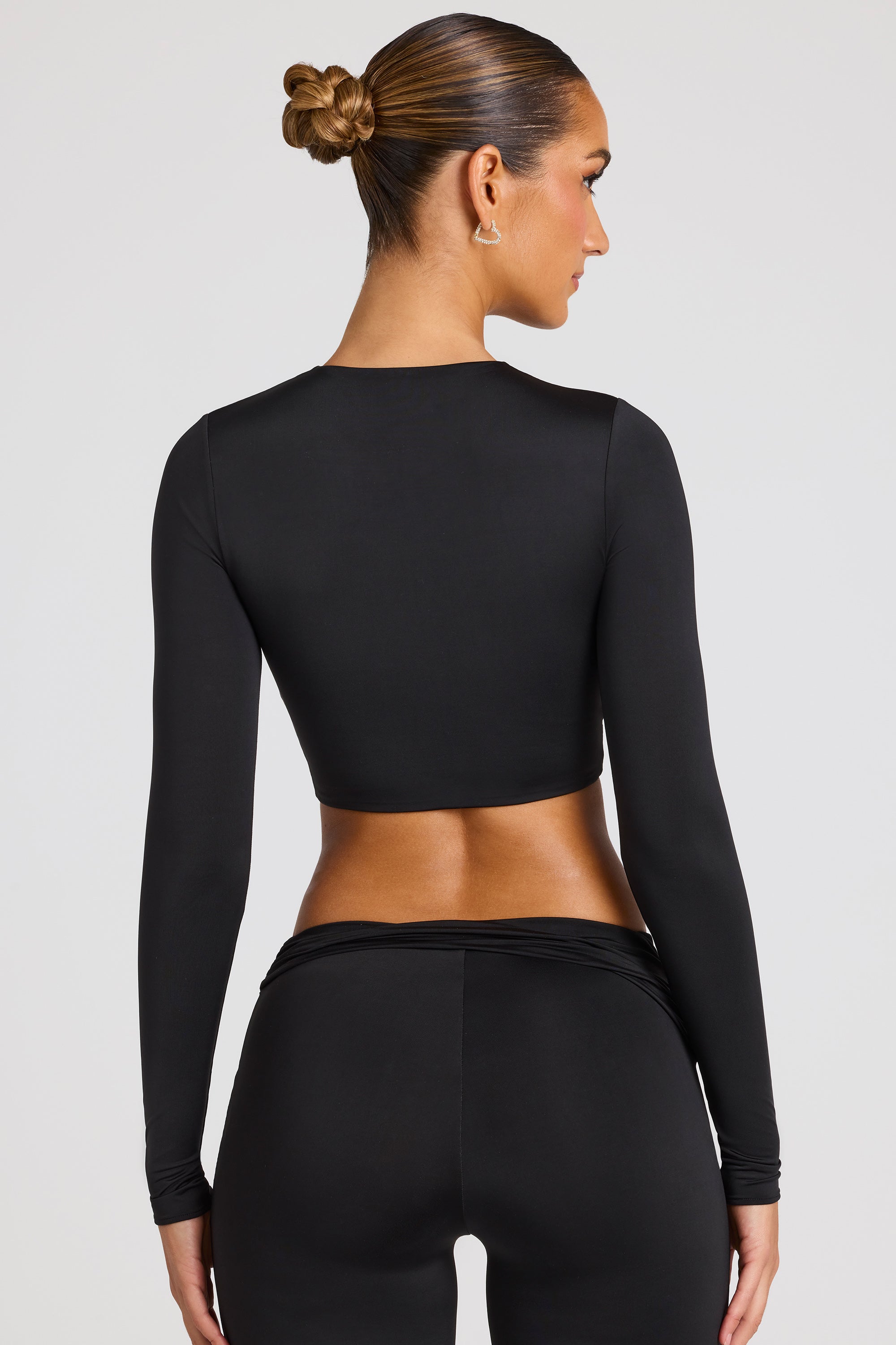 Sheer Panelled Long Sleeve Crop Top in Black、mySite、solidvoid