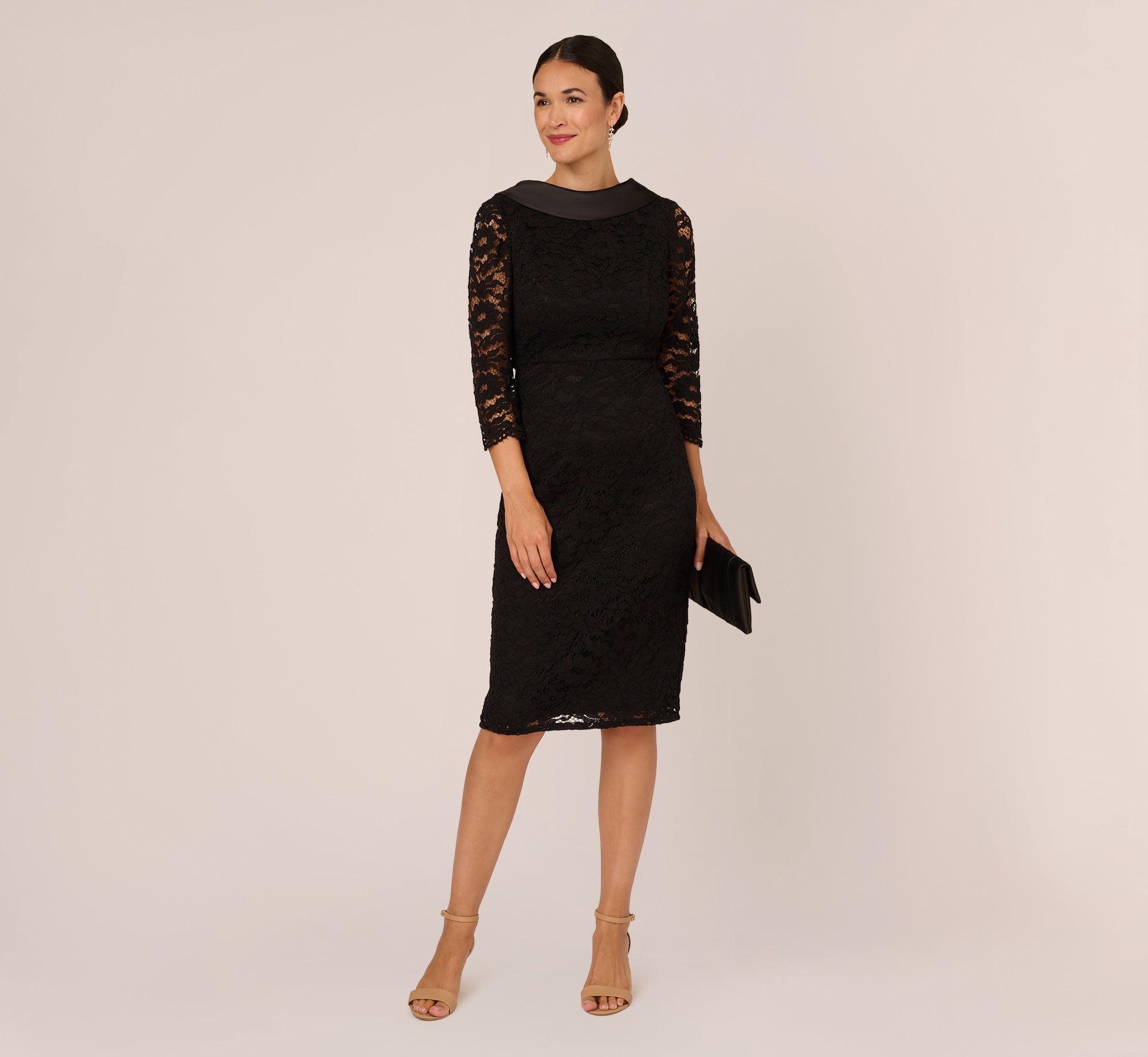 Roll Neck Lace Dress With Sheer Elbow Sleeves In Black、mySite、solidvoid
