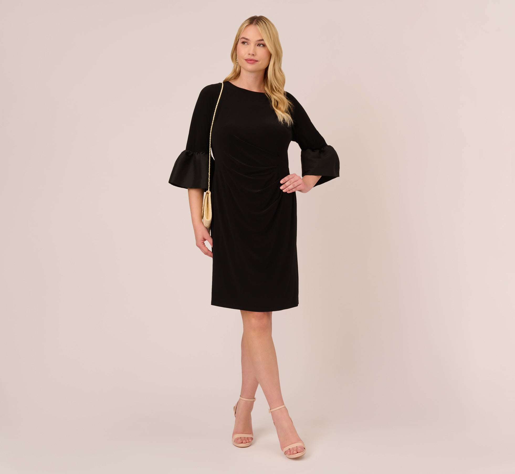Plus Size Draped Jersey Short Sheath Dress With Bell Cuffs In Black、mySite、solidvoid