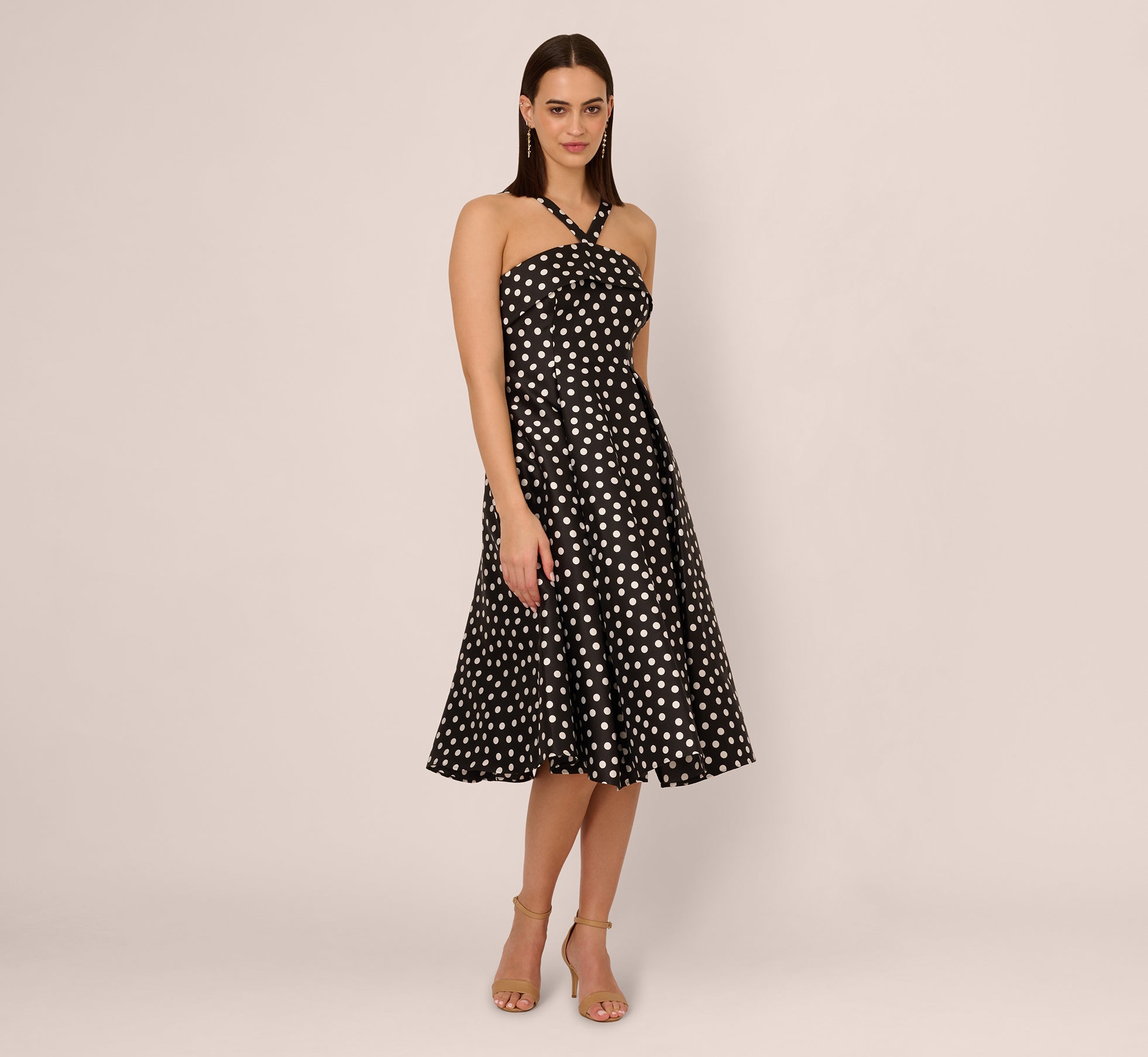 Polka Dot Halter Fit And Flare Midi Dress In Black Ivory、mySite、solidvoid