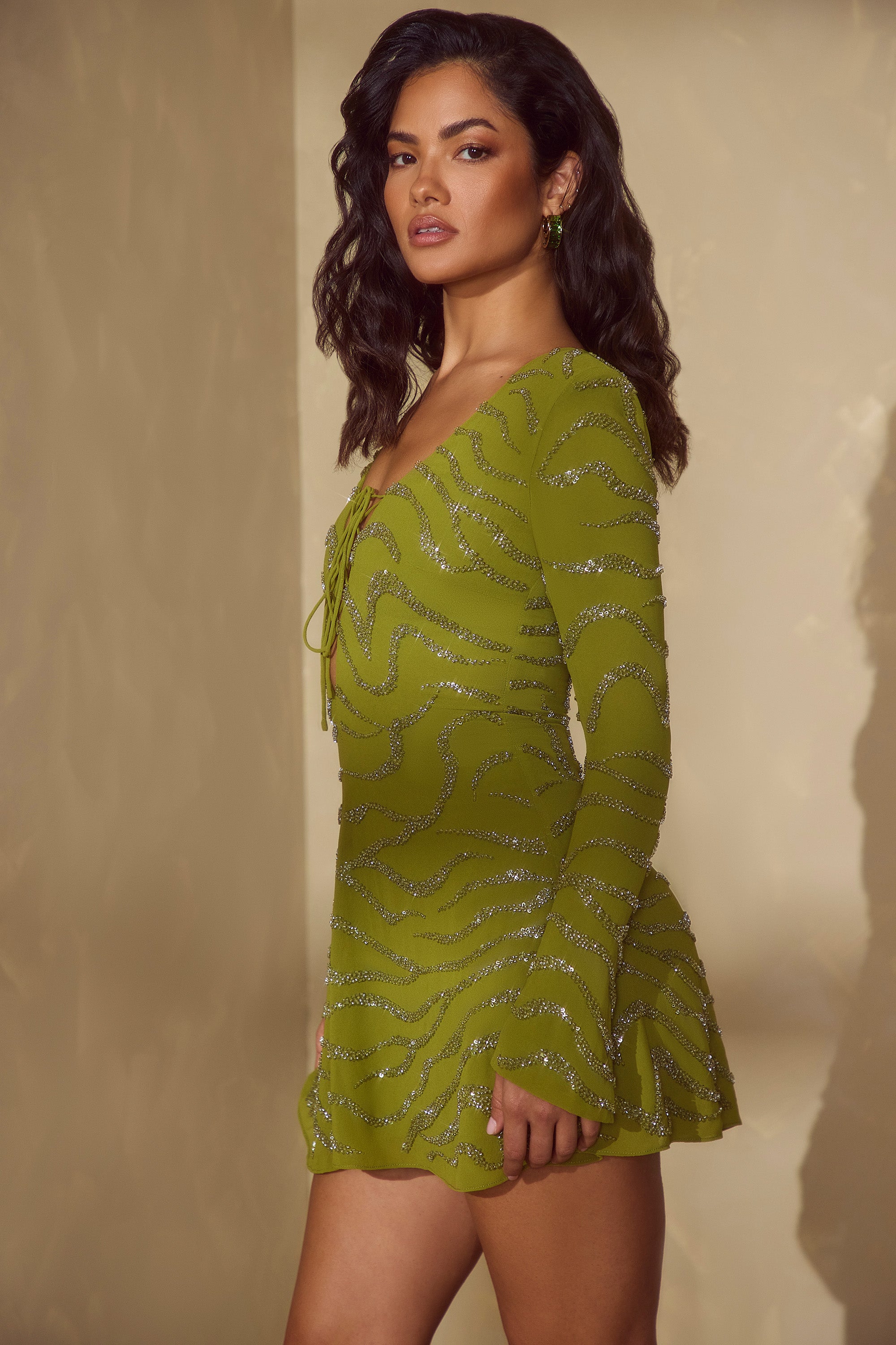 Long Sleeve Lace Up Mini Dress in Olive、mySite、solidvoid