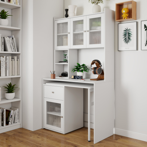 Home Office Computer Desk with Hutch, Antiqued White finish、、casual
