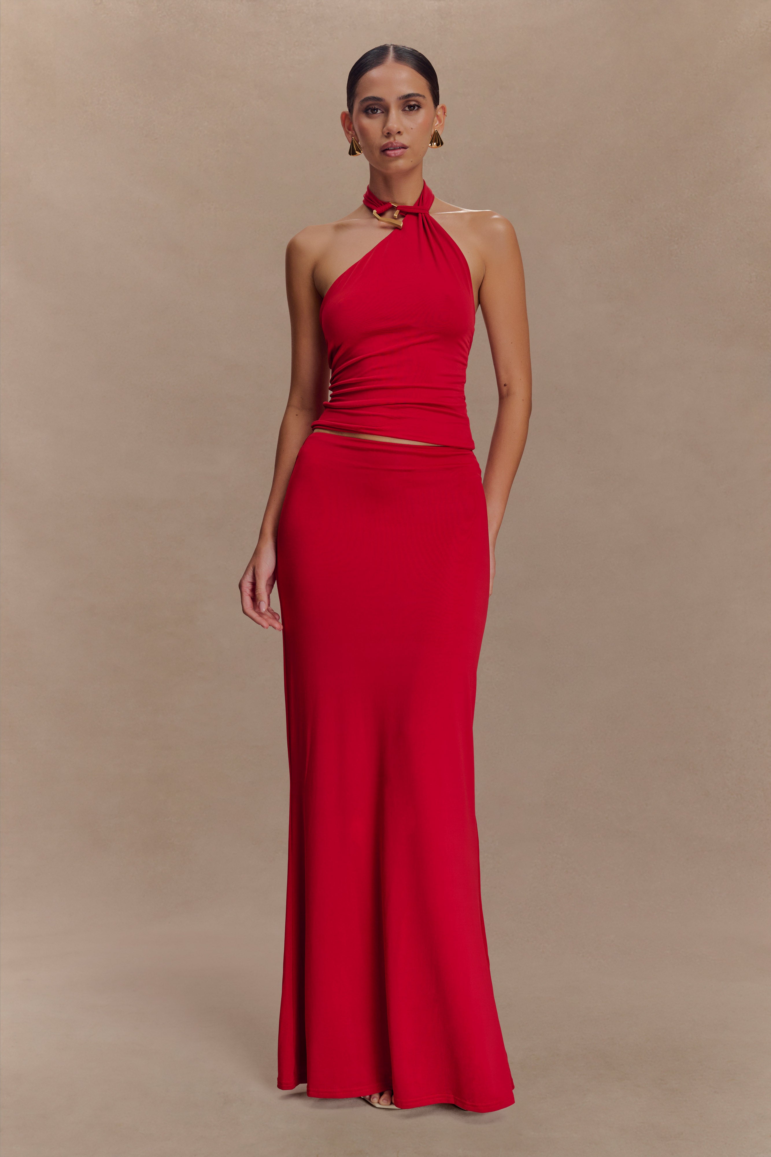 Bruna Slinky Fishtail Maxi Skirt - Red、mySite、solidvoid