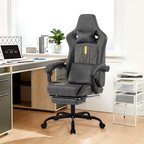Gaming Chair, Video Game Chair with Massage Lumbar Support and Footrest, Comfortable Ergonomic Computer Chair with Linkage Armrests, Height Adjustable Racing Game Chair Pu Leather for Adults,Brown、、casual