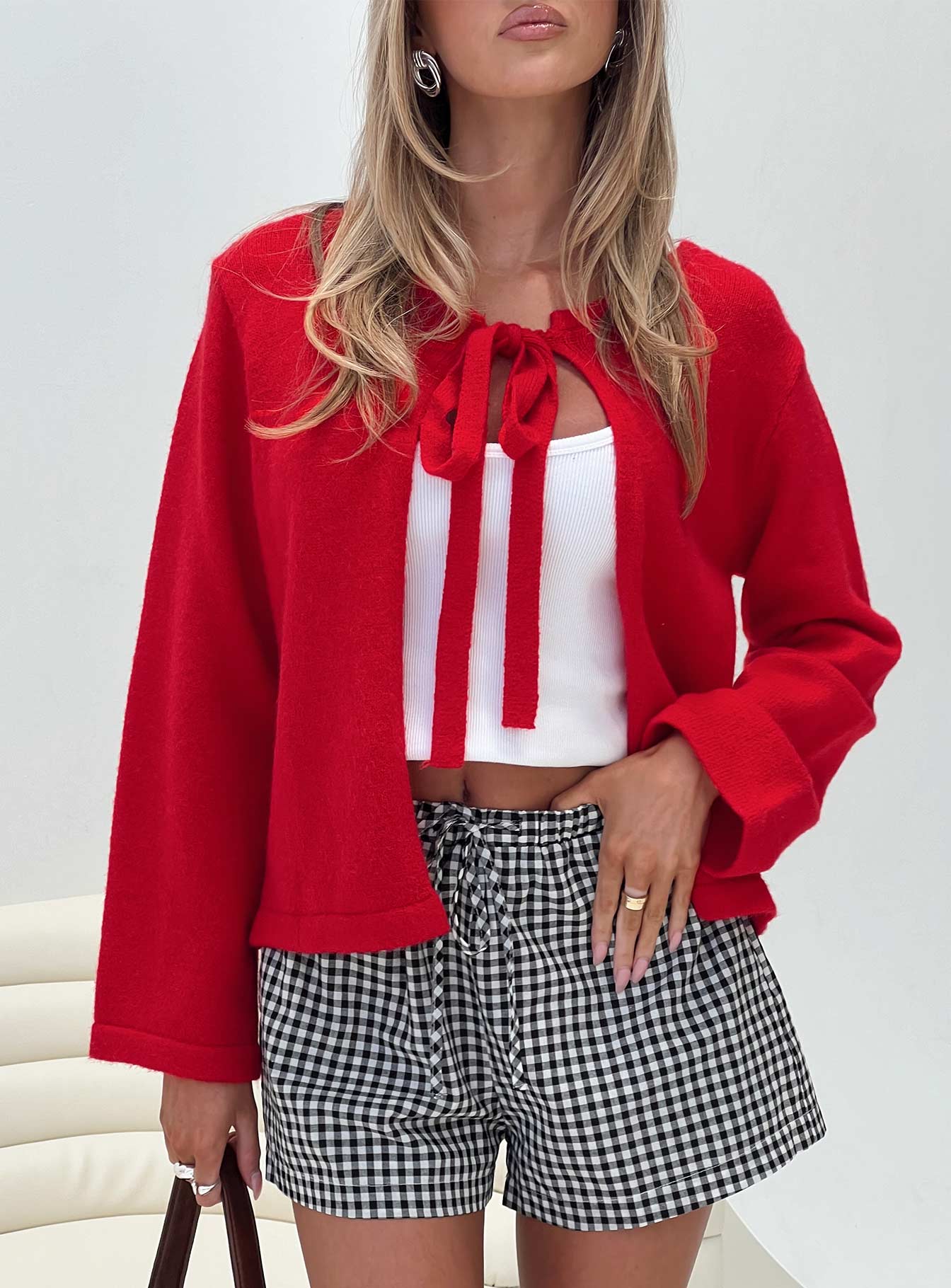 Norine Tie Up Knit Sweater Red、mySite、solidvoid