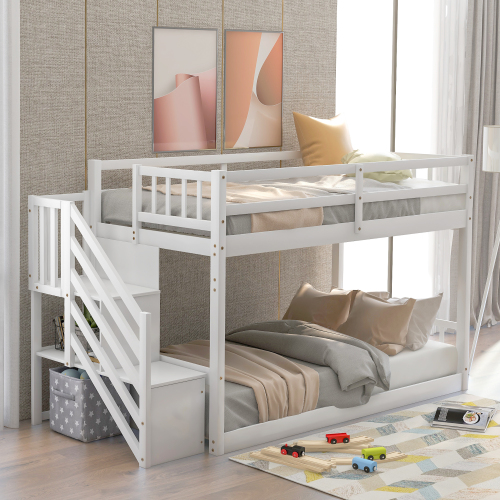 Twin over Twin Floor Bunk Bed, Ladder with Storage, Gray、、casual