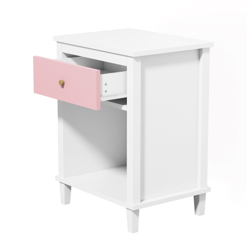 26.77''H Wooden Nightstand with One Drawer One Shelf for Kids, Adults, White+Golden handle、、casual