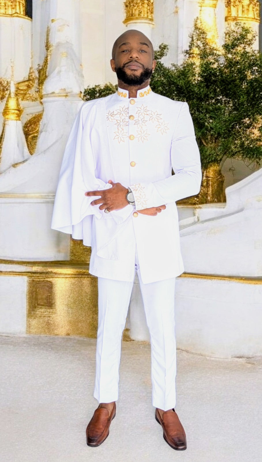 Dupsie's Taharqa Slim-Fit Long-Sleeve White African Suit with Gold Embroidery DPASWGC10、mySite、solidvoid