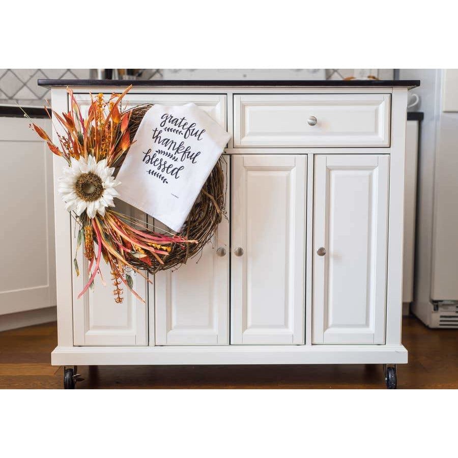 Grateful, Thankful, Blessed Handprinted White Flour Sack Tea Towel with Hanging Loop、mySite、g9winljtr