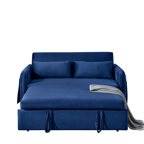 55" Modern Convertible Sofa Bed with 2 Detachable Arm Pockets, Velvet Loveseat Sofa with Pull Out Bed, 2 Pillows and Living Room Adjustable Backrest, Grid Design Armrests、、casual