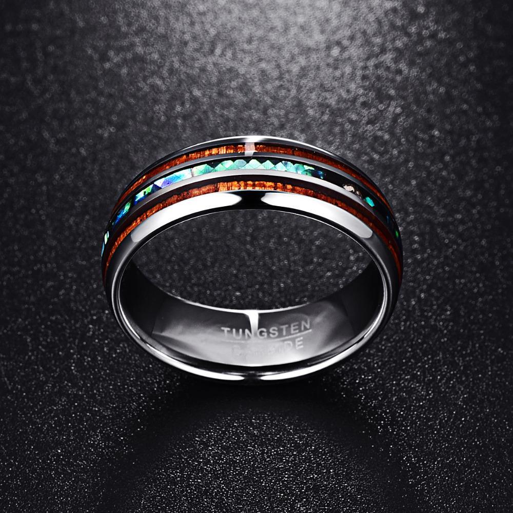 Hawaiian Koa Wood and Abalone Shell Ring with Tungsten Carbide for Men, Comfort Fit Sizes 5-14、mySite、g9winljtr
