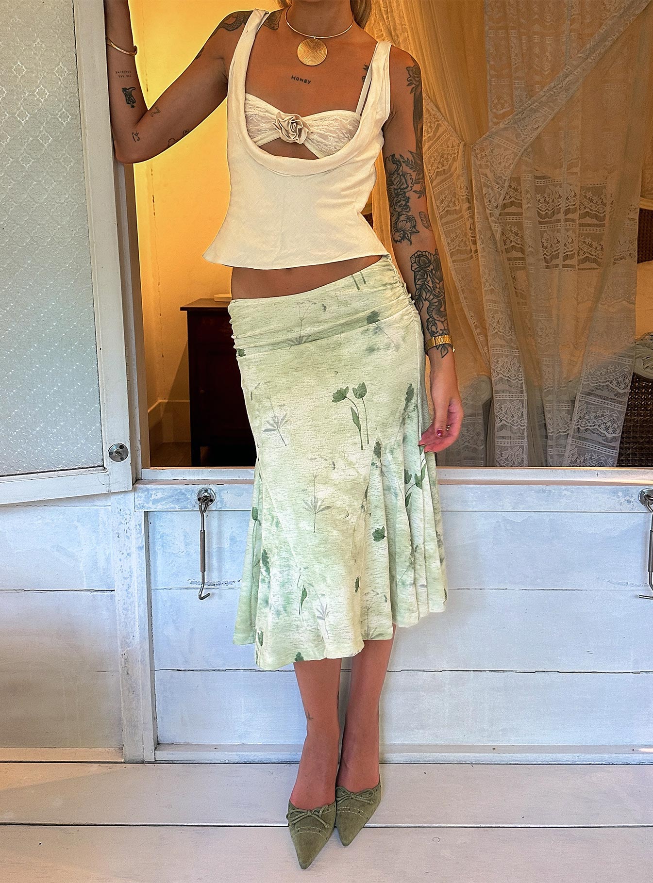Lewish Low Rise Midi Skirt Green Floral、mySite、solidvoid