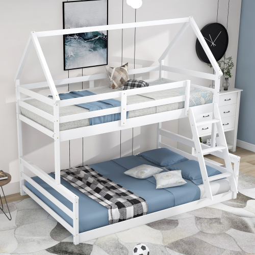 Twin Size Bunk House Bed with Slide and Ladder,Gray、、casual