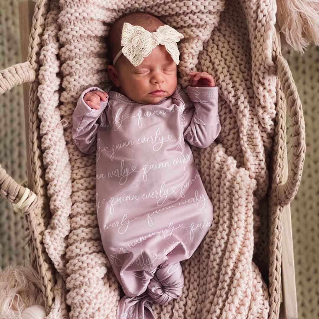  Solid Mauve Heart Personalized Newborn Baby Knot Gown - Script、mySite、layawaytickets