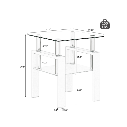 Set of 2, Modern Tempered Glass Tea Table Coffee Table End Table, Square Table for Living Room, Transparent/White、、casual