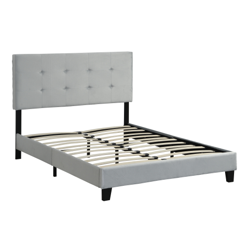 King Size Upholstered Platform Bed Frame with Button Tufted Linen Fabric Headboard, No Box Spring Needed, Wood Slat Support, Easy Assembly, Gray、、casual