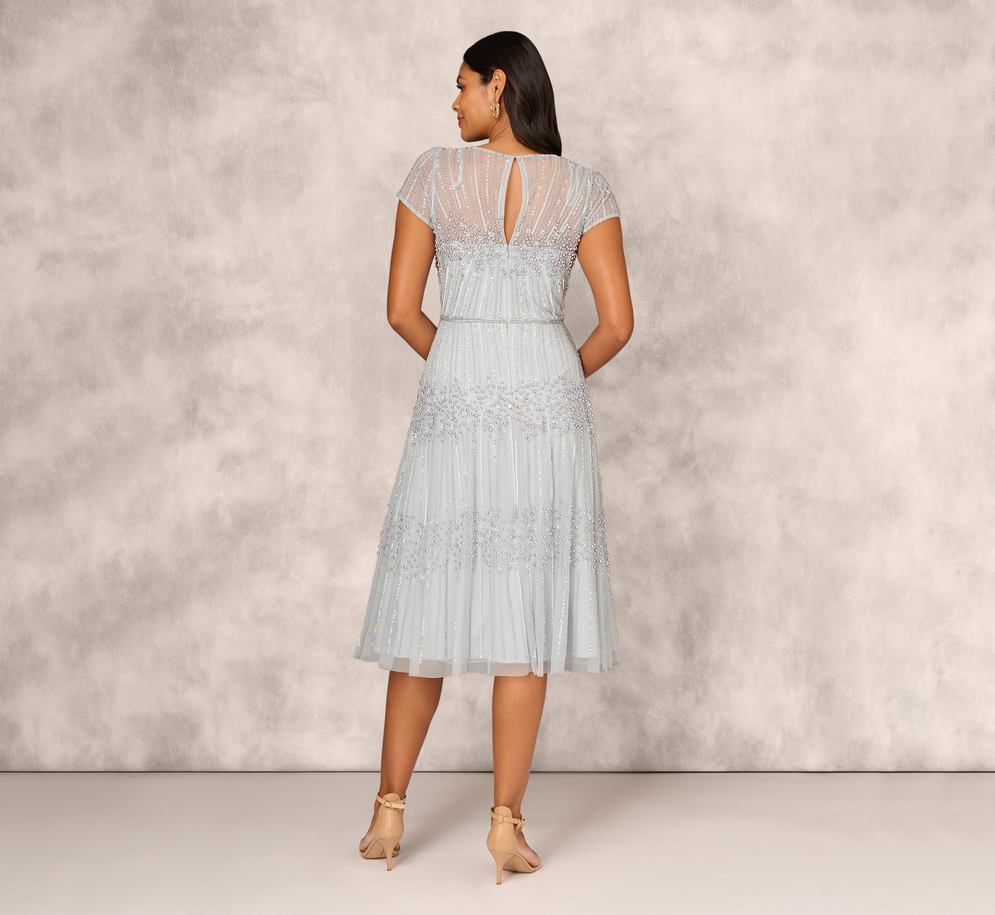 Beaded Short Sleeve Midi Dress With Sheer Details In Snow Globe、mySite、solidvoid