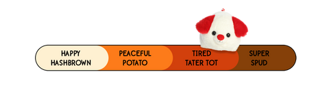 A Spudsters puppy plush by Aurora that is placed at tired tater tot on the spud-o-meter