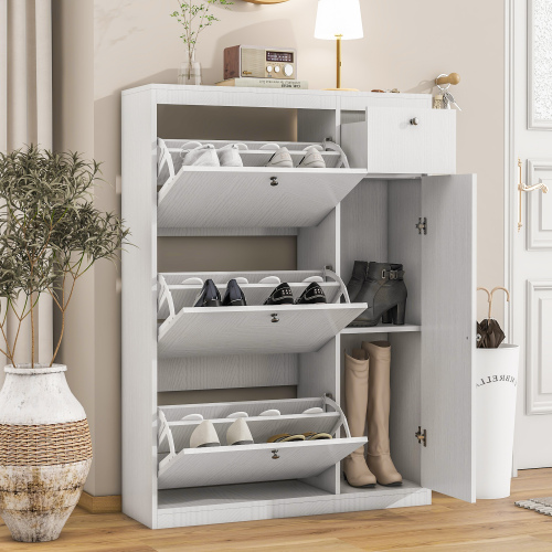 Wooden Shoe Cabinet for Entryway, White Shoe Storage Cabinet with 3 Flip Doors 20.94x9.45x43.11 inch、、casual